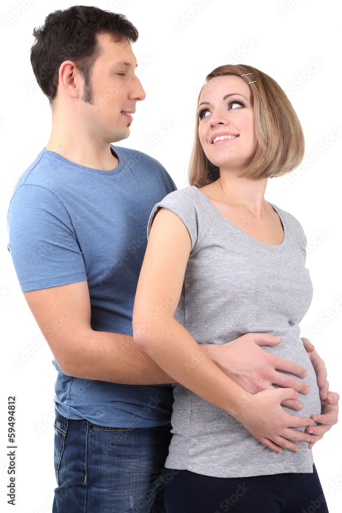 Young pregnant woman with her husband isolated on white Young pregnant woman with her husband isolated on white