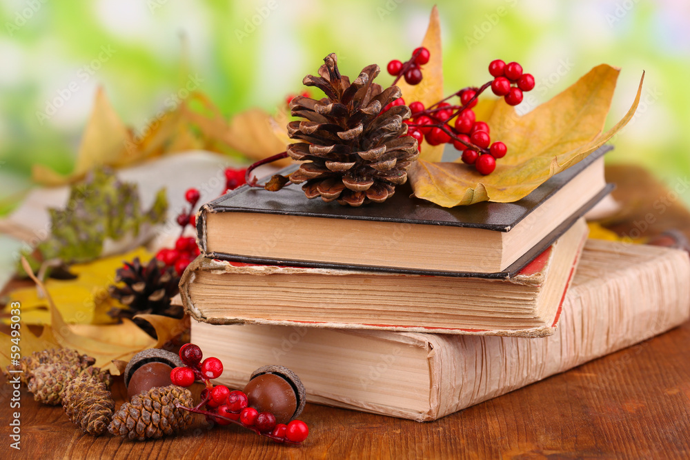 Books and autumn leaves on wooden table on natural background Books and autumn leaves on wooden table on natural background