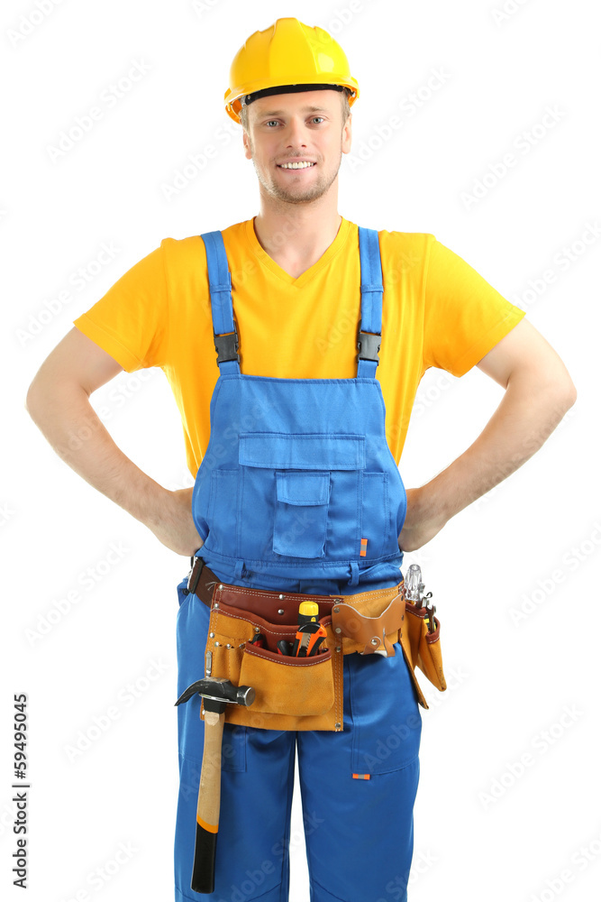 Portrait of young builder isolated on white Portrait of young builder isolated on white