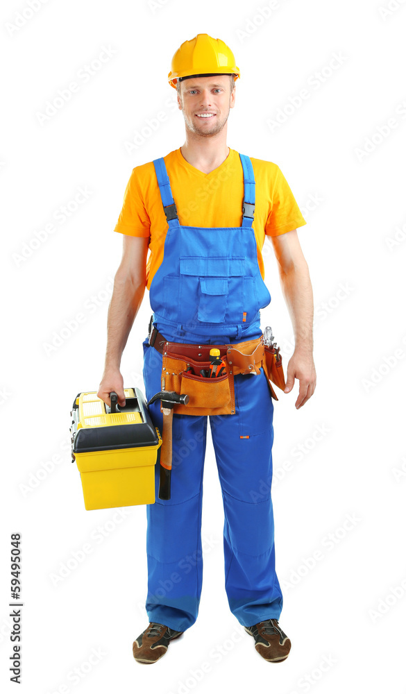 Portrait of young builder isolated on white Portrait of young builder isolated on white