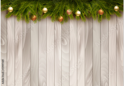 Christmas decoration on wooden background. Vector illustration.