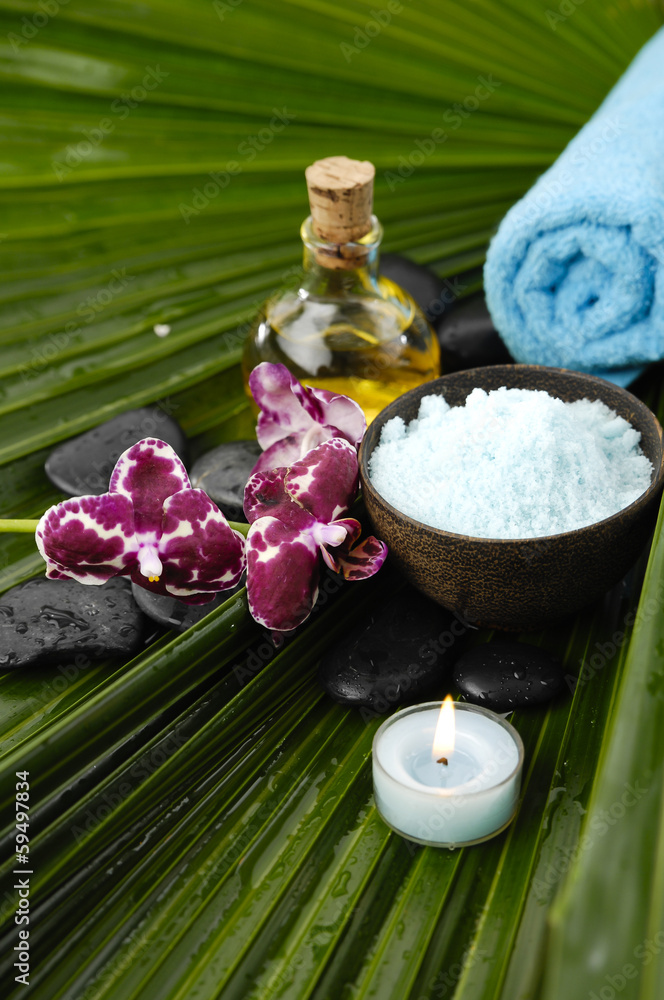 tropical spa on wet palm leaf tropical spa on wet palm leaf