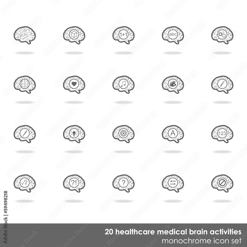 działanie mózgu zestaw jasnych ikon na białym tle