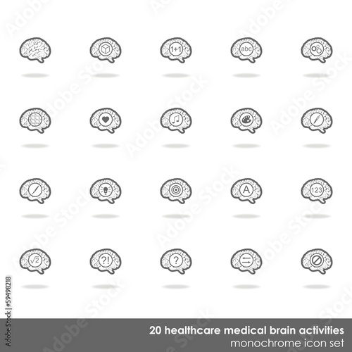 działanie mózgu zestaw jasnych ikon na białym tle