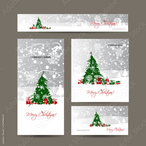 Merry christmas, set of postcards with winter tree