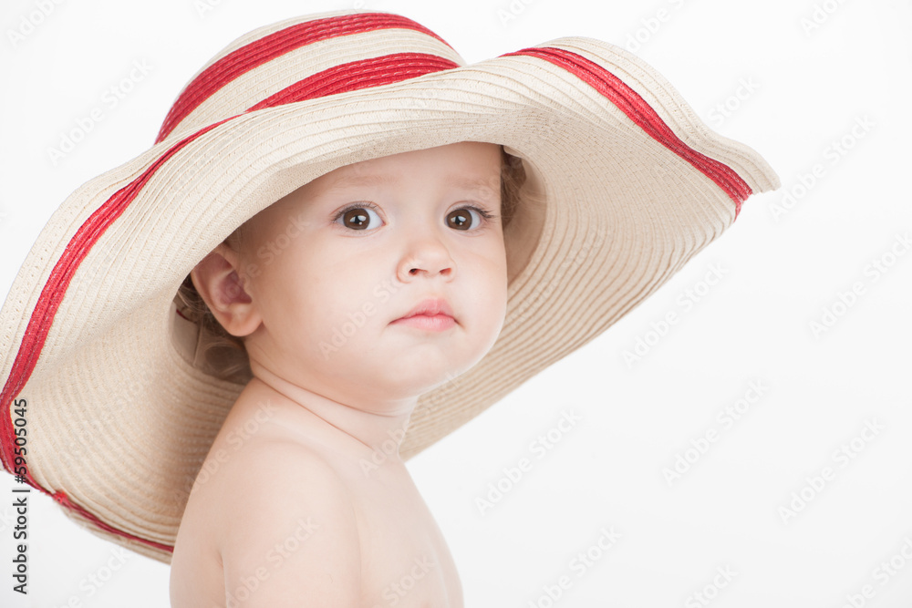 Portrait of Beautiful little baby girl in summer hat. Portrait of Beautiful little baby girl in summer hat.