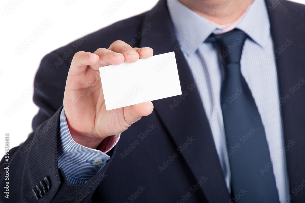Businessman shows business card, shallow dept of field, isolated Businessman shows business card, shallow dept of field, isolated