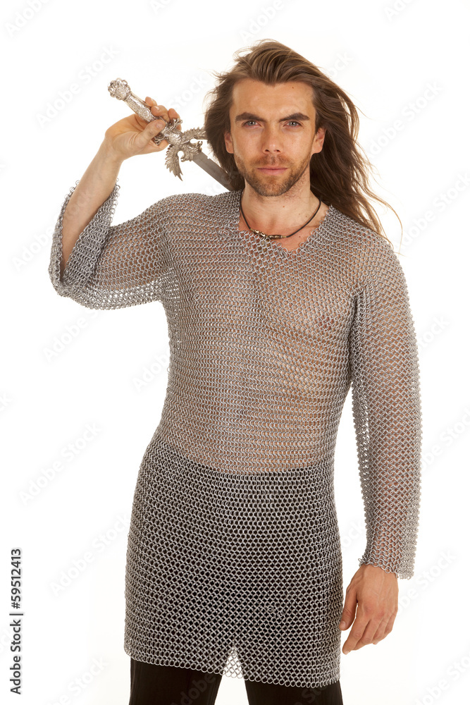 man chain mail sword behind neck