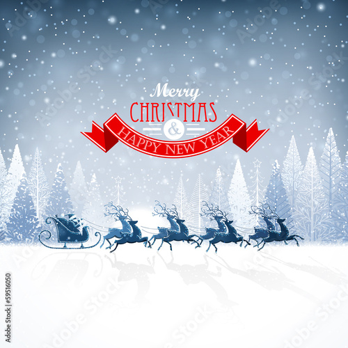Santa Claus rides in a reindeer sleigh