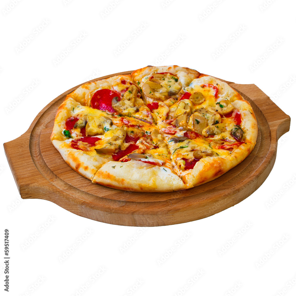 Appetizing pizza wooden trayisolated on white background