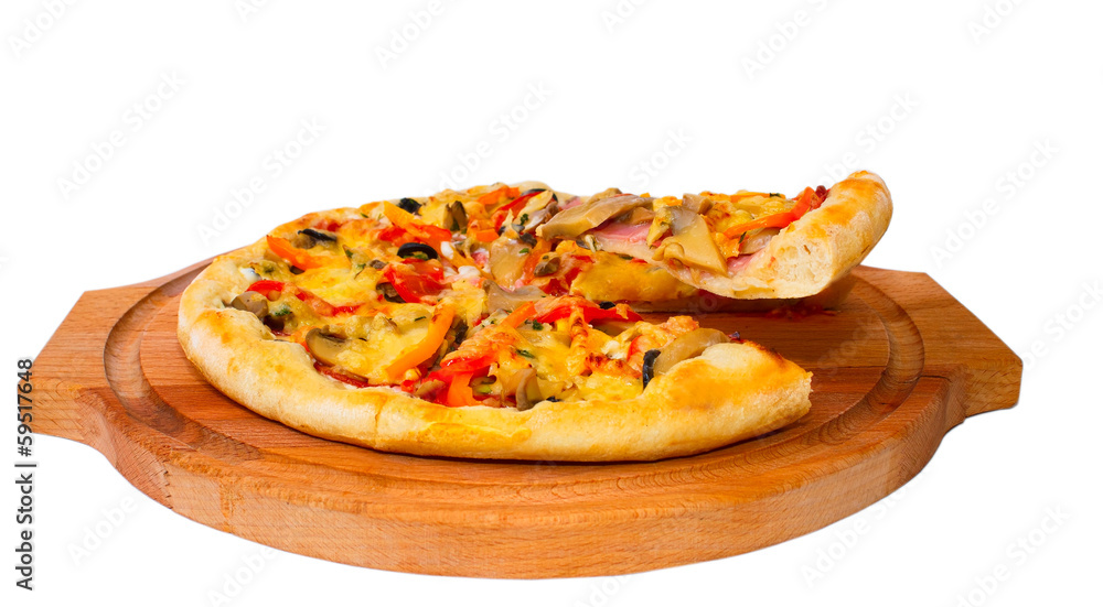 Appetizing pizza with cheese on cut piece of a wooden tray close Appetizing pizza with cheese on cut piece of a wooden tray close