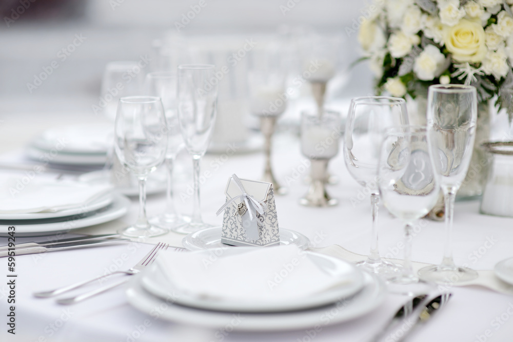 Table set for an event party or wedding reception Table set for an event party or wedding reception