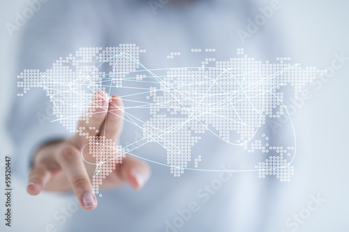 map  Businessman holding in hand with global connection concept.  photo