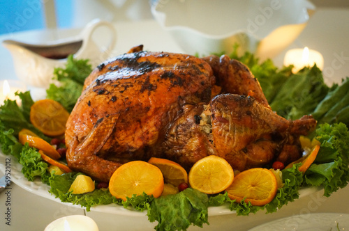Turkey with leaves and oranges for christmas and thanksgiving
