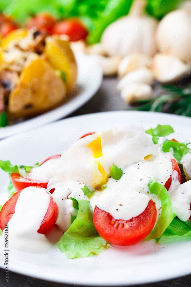 Vegetable salad with poached egg Vegetable salad with poached egg