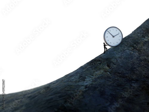 Foto Tiny man pushing a clock up hill