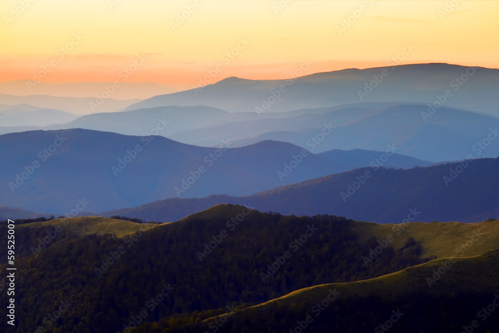 Sunset landscape in Carpathian mountains