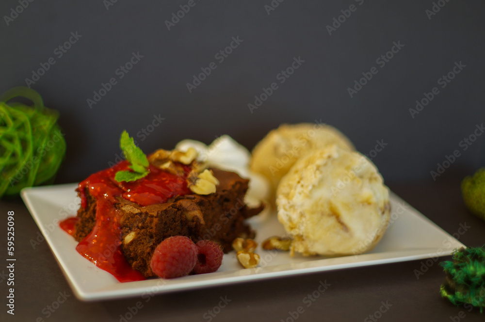 Brownies with ice-cream and raspberries Brownies with ice-cream and raspberries