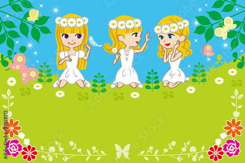 Three little girls in spring nature