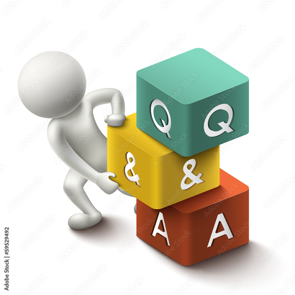 3d illustration of person with word Q&A cubes 3d illustration of person with word Q&A cubes