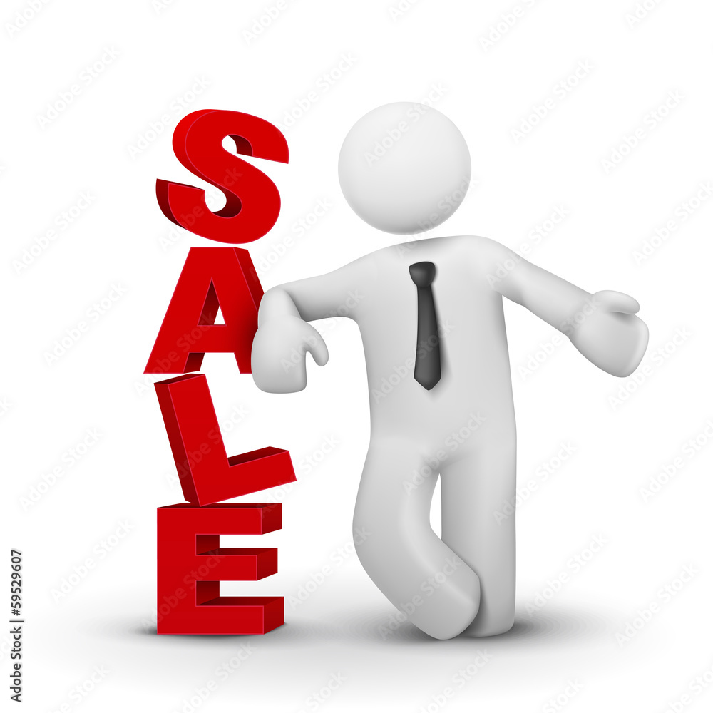 3d business man presenting word sale concept 3d business man presenting word sale concept