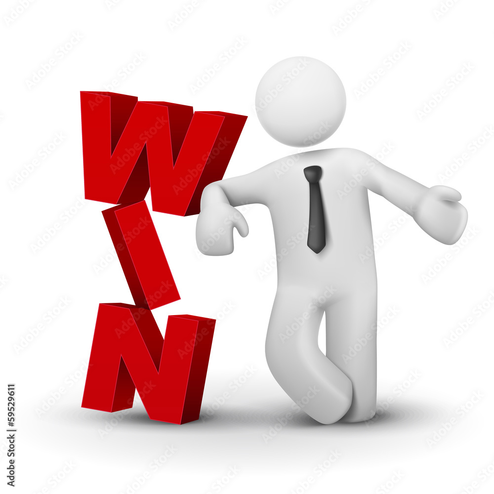 3d business man presenting word win concept 3d business man presenting word win concept