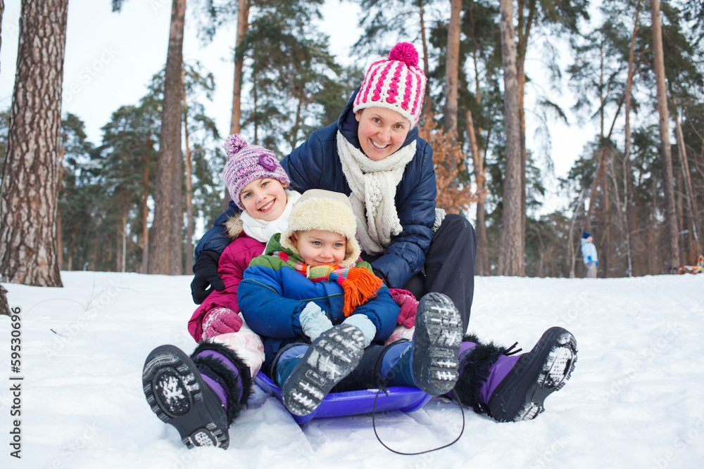Funny family is sledging in winter-landscape Funny family is sledging in winter-landscape