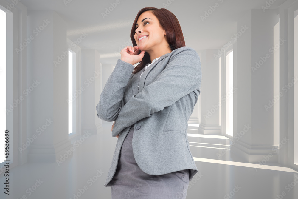 Composite image of smiling thoughtful businesswoman Composite image of smiling thoughtful businesswoman