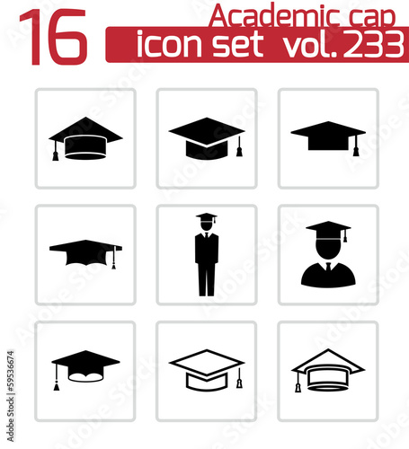 Vector black academic cap icons set