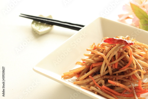 Japanese food, burdock and carrto sitr fried Kinpira photo