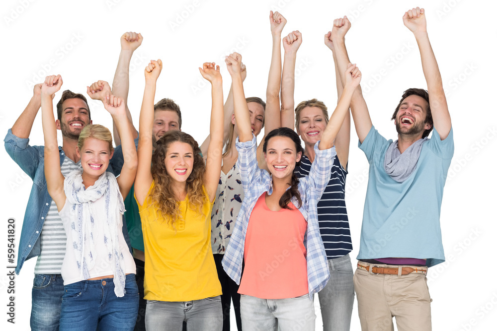 Portrait of casual cheerful people raising hands Portrait of casual cheerful people raising hands