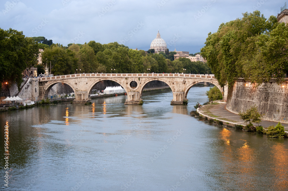 Sisto bridge on Tiber river at evening