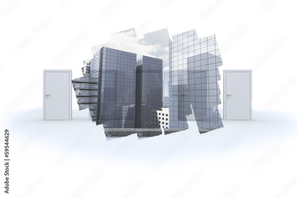 Abstract screen in room showing cityscape Abstract screen in room showing cityscape