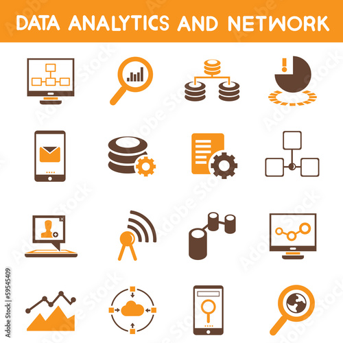 data technology, data analytic icons, orange theme