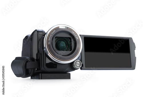 Digital video camera isolated on white background. Screen has a