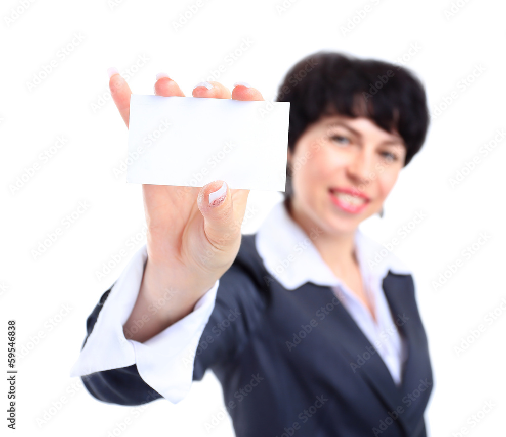 smiling business woman giving blank business card smiling business woman giving blank business card