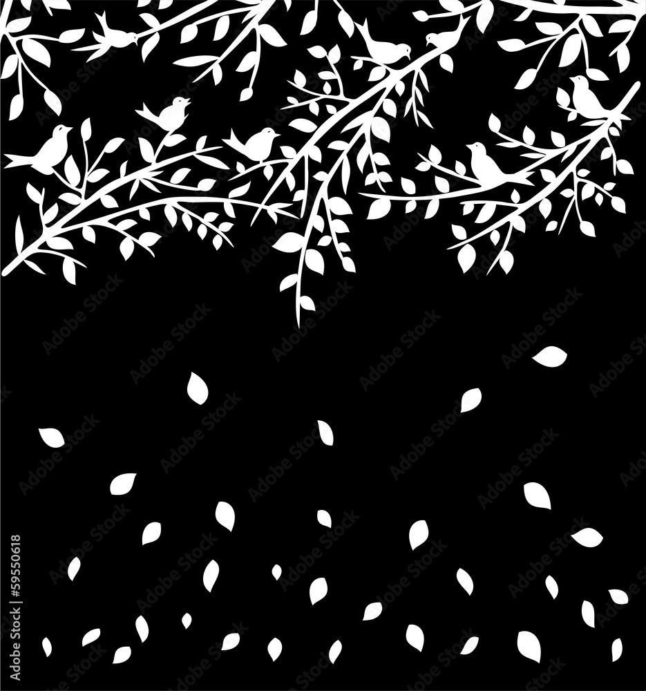 Black and white background with branches and birds Black and white background with branches and birds