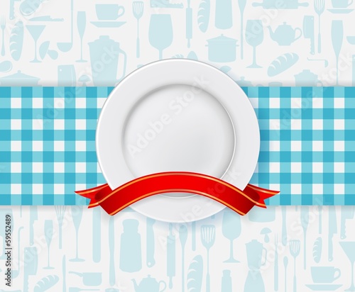 Restaurant menu design with plate and ribbon
