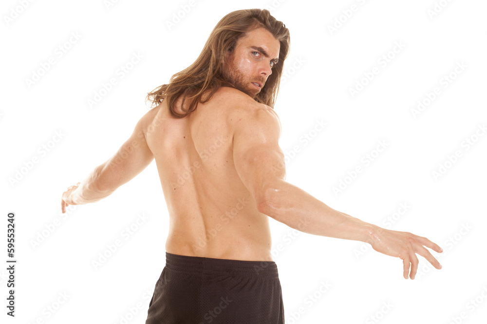 Obraz premium man fitness no shirt arms out back looking