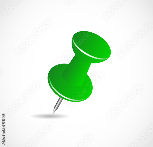 Green pushpin on a white background with shadow VECTOR