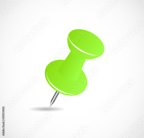 Green pushpin on a white background with shadow VECTOR