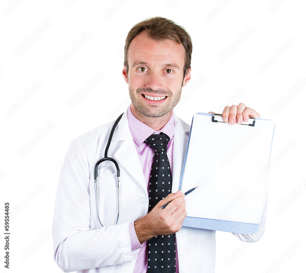 Smiling male doctor holding clipboard with blank document Smiling male doctor holding clipboard with blank document