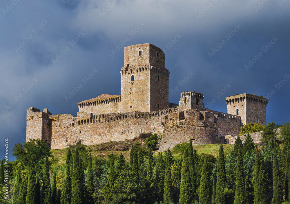 castle overlooking the Umbrian town of Assisi, Italy