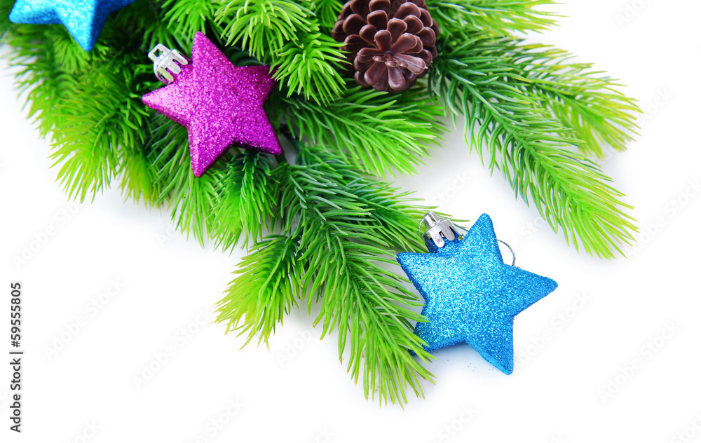 Christmas decorative stars on fir tree, isolated on white Christmas decorative stars on fir tree, isolated on white