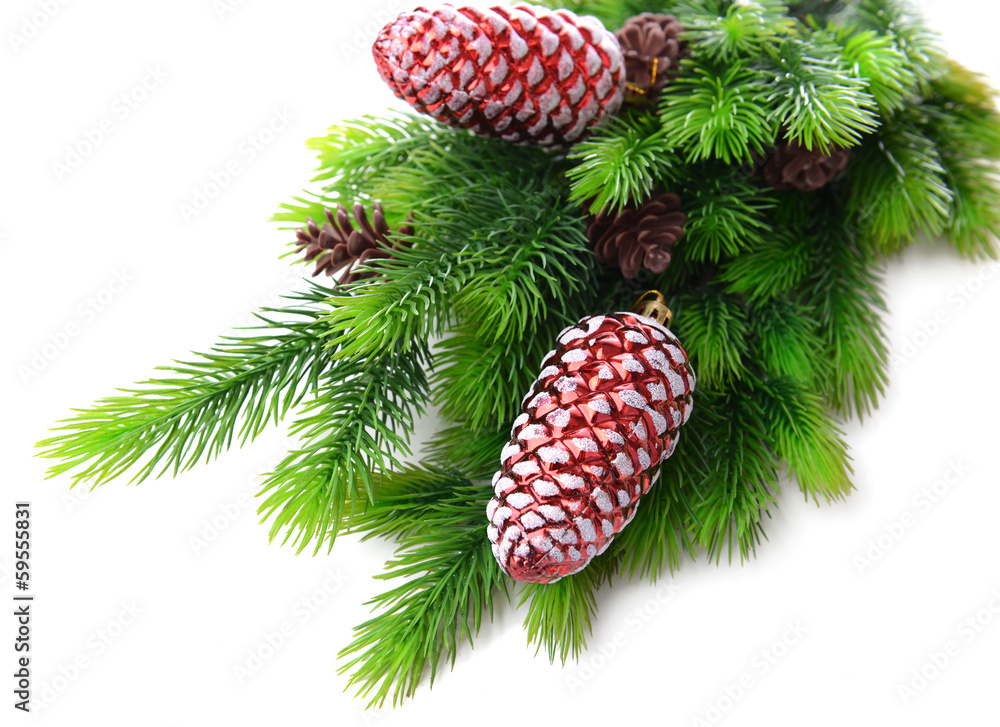 Christmas decorations on fir tree, isolated on white Christmas decorations on fir tree, isolated on white