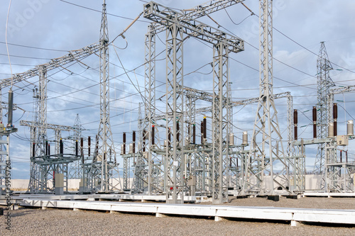 High voltage electric power substation in autumn day