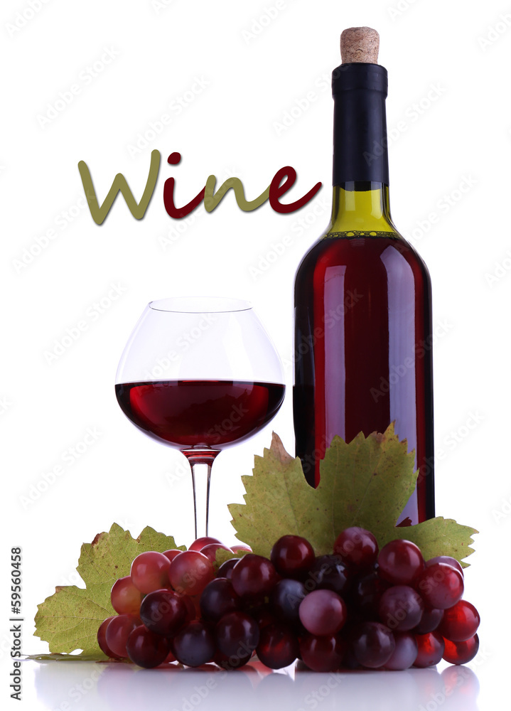 Fototapeta premium Wineglass with red wine, grape and bottle isolated on white