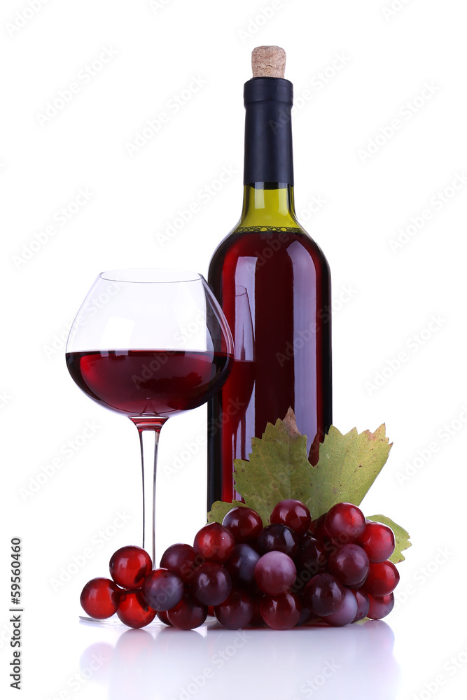 Wineglass with red wine, grape and bottle isolated on white Wineglass with red wine, grape and bottle isolated on white