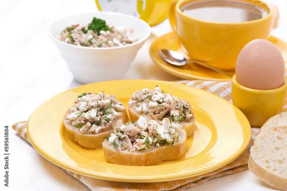 breakfast - toasts with tuna and homemade cheese, coffee breakfast - toasts with tuna and homemade cheese, coffee