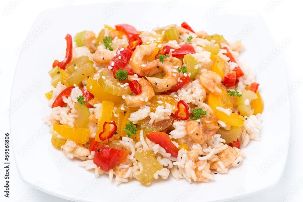 Chinese food - rice with vegetables and shrimps, top view Chinese food - rice with vegetables and shrimps, top view
